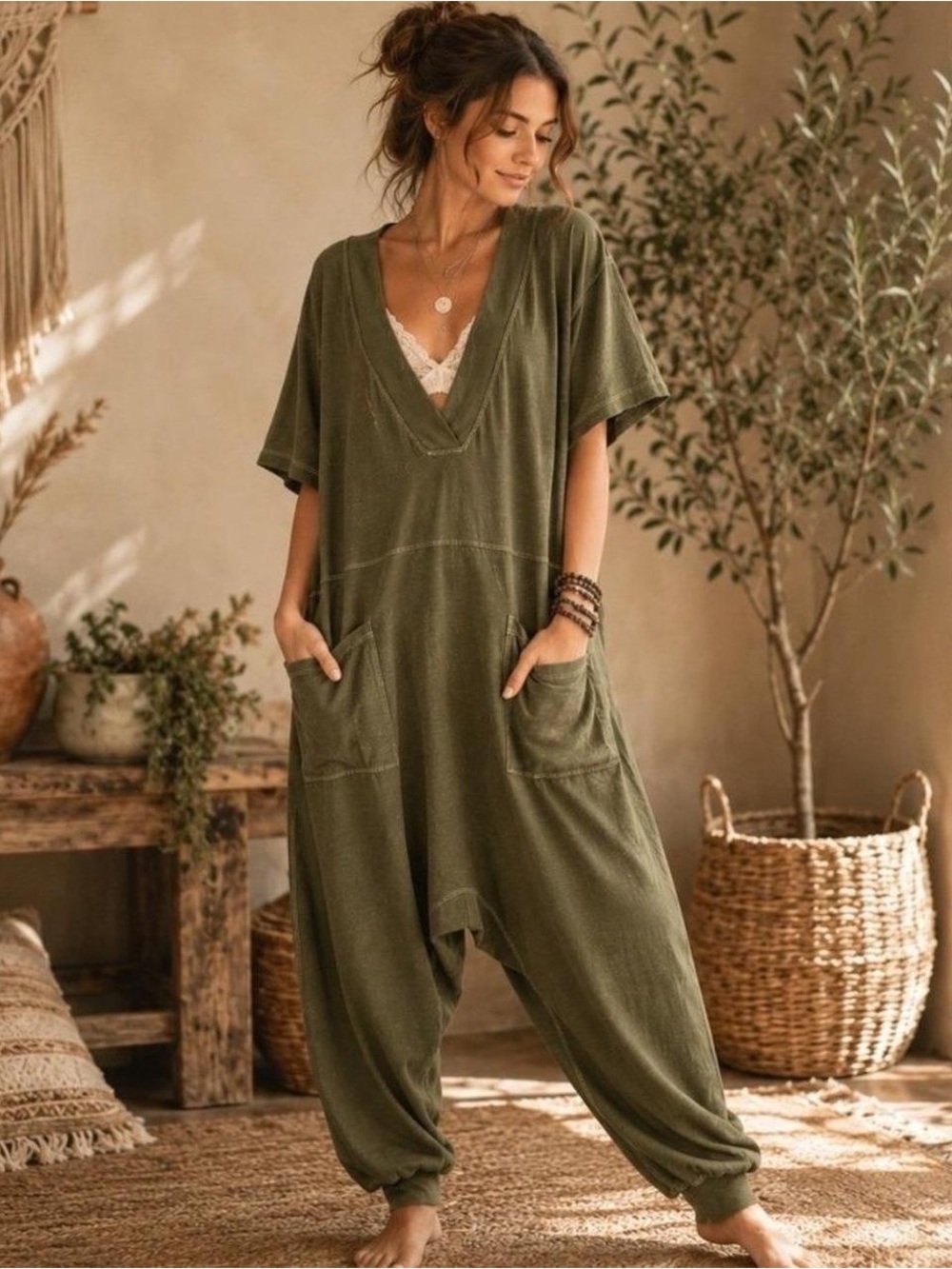 NATURAL LIFE Olive Relaxed V-Neck Pocket Jumpsuit